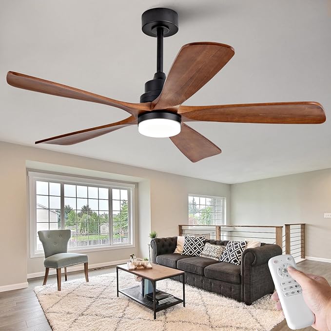 52 Inch Outdoor Ceiling Fans with Lights and Remote Control, Dimmable 5 Blade Wood Outdoor Ceiling Fans for Patios, Black Walnut Bedroom Ceiling Fan with Lights, Noiseless DC Motor