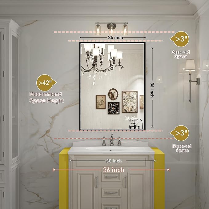 24X36 Inch LED Bathroom Mirror,Black Metal Framed Lighted Mirror,Wall Mouted LED Vanity Mirror with Lights, Stepless Dimmable, Anti-Fog, Memory(Horizontal/Vertical)