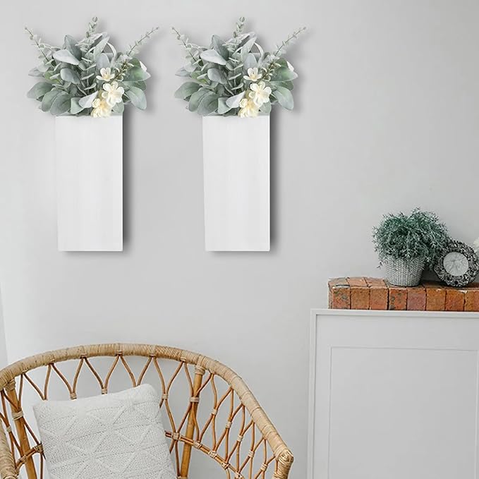 Wood Wall Planters 2 Pack with Artificial Greenery Plants - Pocket Wall Vases for Dried Flowers - Wood Wall Decor Hanging Planters for Living Room, Bedroom, Home Decor - White