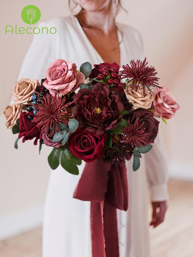 Alecono Artificial Flowers, Burgundy Silk Fake Flowers for DIY Wedding Bridal Bouquets, Red Cake Flowers for Wedding Table Centerpieces Birthday Party Home Decorations
