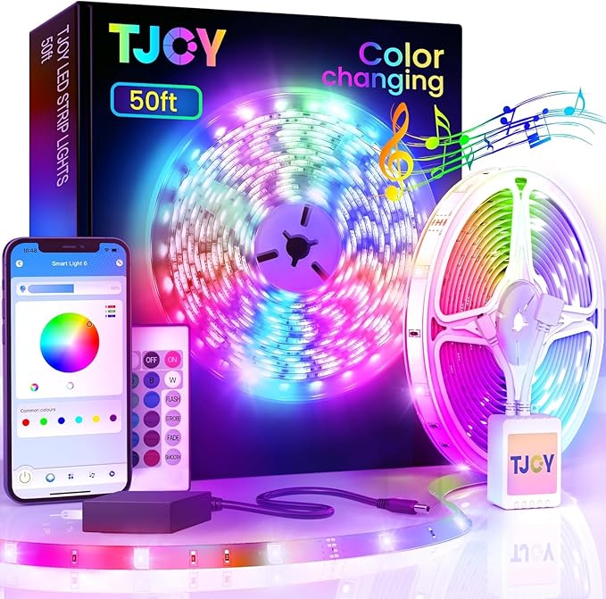 TJOY 50ft Bluetooth LED Strip Lights, SMD5050 Music Sync Tape Lighting, RGB Color Changing Rope Lighting with Remote,Smart APP Control, LED Lights for Bedroom,TV,Room DIY (APP+Remote +Mic/50ftx1)