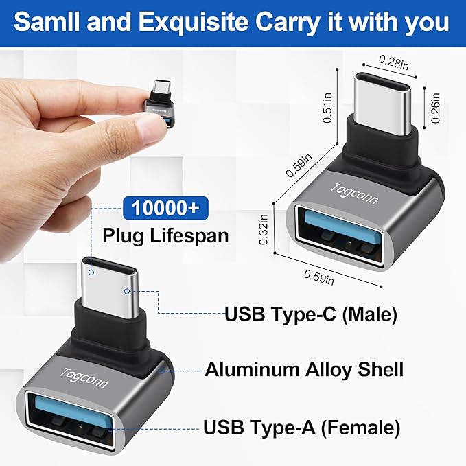 90 Degree USB C to USB Adapter 10Gbps, 4-Pack Right Angle Type-C (Male) to USB-A (Female) L-Shape Extender Converter Support Charge & Data Transfer for iPhone 16 15 Series, PC, Tablet, Laptop
