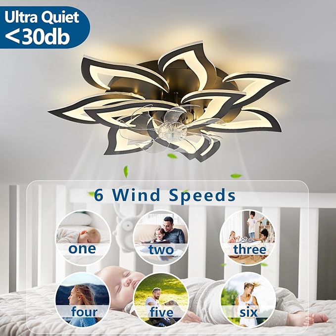 Modern Ceiling Fan with Lights Remote Control, 32" Black Ceiling Fan with Light, 6 Speeds 3 Light Color Low Profile Flush Mount Ceiling Fan for Kitchen Bedroom