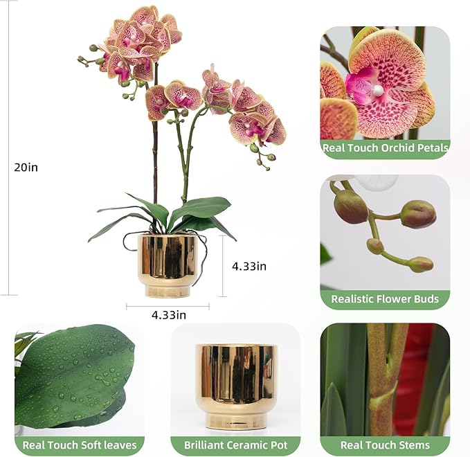 CXGS Orchids Artificial Flowers Real Touch Fake Flowers in Ceramic Pot 20" Purple Dapple Faux Orchid Plant Lifelike Silk Phalaenopsis for Centerpiece Hotel Home Indoor Decor
