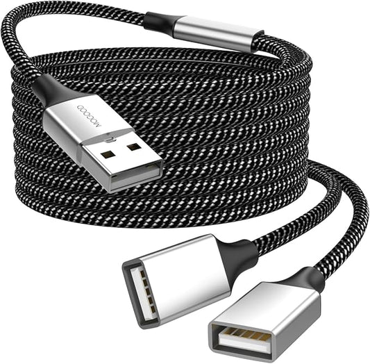 Durable USB A Male to 2 Female Extension Cord - Nylon Braided Splitter Cable for Printer, Keyboard, Flash Drive, Hard Drive, PlayStation