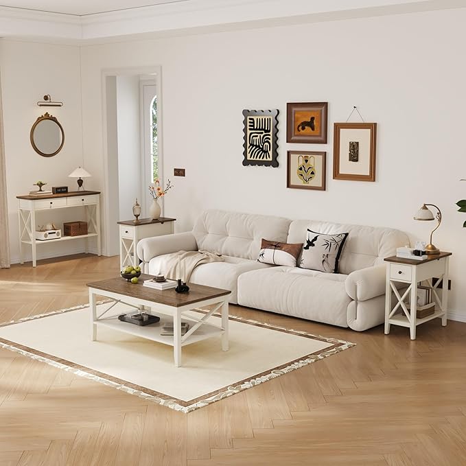 ChooChoo Farmhouse End Table with Drawer, Accent Small Side Table Nightstand for Living Room, Bedroom, and Small Spaces - Soft White