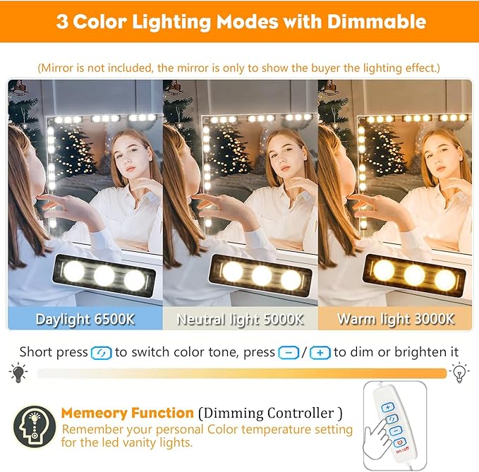 Vanity Lights for Mirror LED Makeup Light Strip with 3 Color Temperature Lighting Modes and Dimmable Stick on Vanity Bathroom Mirror,Ultra Bright (Mirror Not Included)