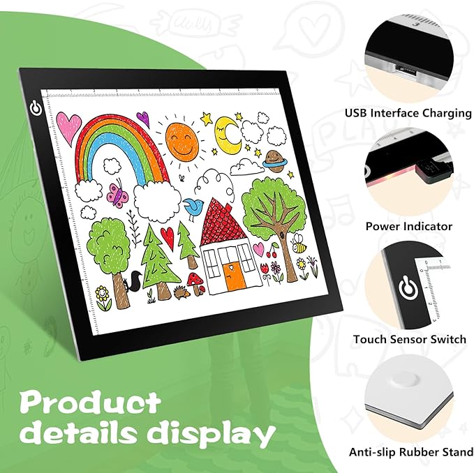 KIVOTAC 9x12 Inch LED Light Pad, Ultra-Thin USB Powered Bright Light up Box Adjustable Light Table for Drawing, Weeding Vinyl, Diamond Art, Sketching, Tracing and Animation