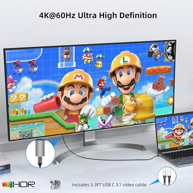 USB C Female to HDMI Male Adapter with USB Video Cable, 4K@60Hz Uni-Directional USB Type C Source to HDMI 2.0 Display Converter Thunderbolt 3/4 to HDM-I for i-/Phone 17 MacBok Pro/Air, Galaxy - 1 Pack