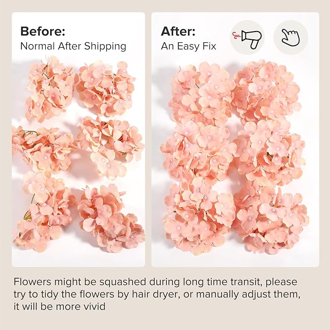 Auihiay 64 PCS Full Hydrangea Flowers, Silk Hydrangea Artificial Flowers Heads with Stems, Artificial Flowers for Wedding, Garden, Baby Shower, Party, Outdoor Indoor Decoration (Light Peach)