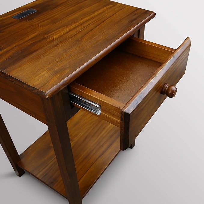 Casual Home Owl Night Stand with USB Port Charging Station and Drawer, 17.5"W x 14.25"D x 24.5"H, Warm Brown
