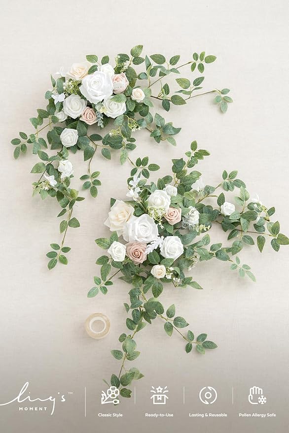Ling's moment 2PCS Artificial Floral Swags Arch Flowers Wedding Centerpieces Flower Rose Garland Mantel Greenery Arrangements for Sweetheart Welcome Signs Decor Wall Window Home Decor White & Sage