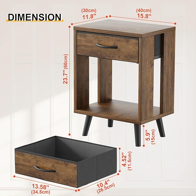 GYIIYUO Nightstand Set of 2 with Fabric Drawers and Open Shelves, Bedside Table Set - Dark Rustic Brown Bedroom Side Tables