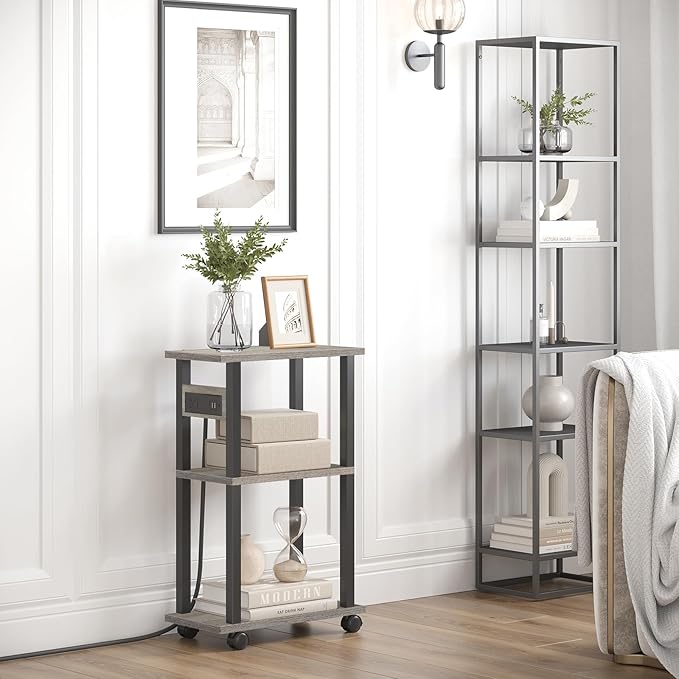 TUTOTAK Small Narrow Side Table with Charging Station, Set of 2 Skinny End Table for Small Spaces, Slim Nightstand with USB Ports and Outlet,Sofa Beside Table with Wheels, Greige TB01BG047