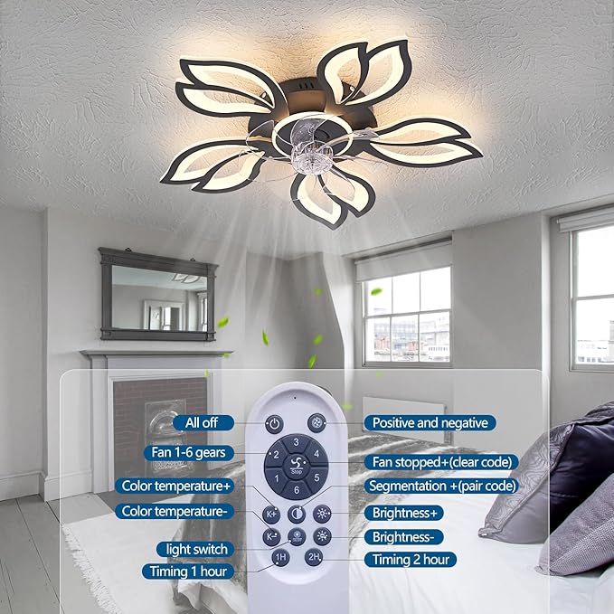 Ceiling Fan with Lights Remote Control, 26" Black Low Profile Ceiling Fan with Light, Modern Leaf Geometric Flush Mount Ceiling Fan for Kitchen Bedroom