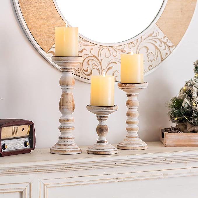 Wood Pillar Candle Holder: 3Pcs Rustic Candle Holders for Pillar Candles Wood Candle Holders Distressed Wooden Farmhouse Large Candle Holder for Fireplace Table (White, 6", 8", 12")