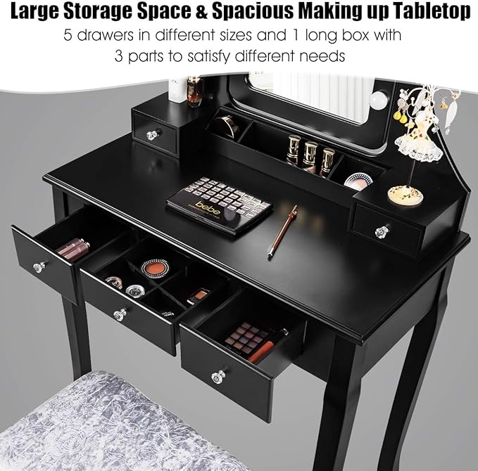 CHARMAID LED Vanity Desk with Lighted Mirror, 10 Dimming Bulbs, 5 Drawers, 3 Storage Organizers, Makeup Vanity Desk with Stool, Bedroom Dressing Table, Gift for Girls Women (Black)