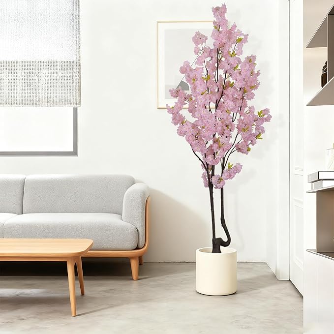 7FT Artificial Pink Cherry Tree,Lifelike Handmade Natural Fake Cherry Blossom Tree,Faux Realistic Sakura Tree,Perfect Decoration for Wedding,Home,Party,Festive
