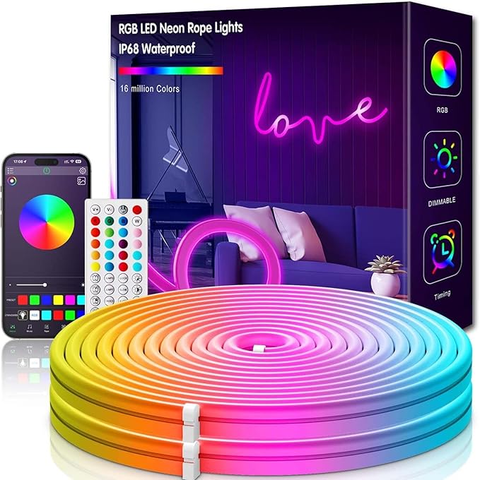 L8star Neon Strip Lights, 32.8ft/10m LED Neon Rope Lights with Remote APP Control IP65 Waterproof Flexible Neon LED Strip Lights 24V RGB LED Neon Lights for Bedroom Indoors Outdoors Decor