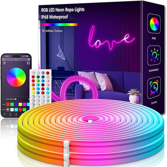 L8star Neon Strip Lights, 32.8ft/10m LED Neon Rope Lights with Remote APP Control IP65 Waterproof Flexible Neon LED Strip Lights 24V RGB LED Neon Lights for Bedroom Indoors Outdoors Decor