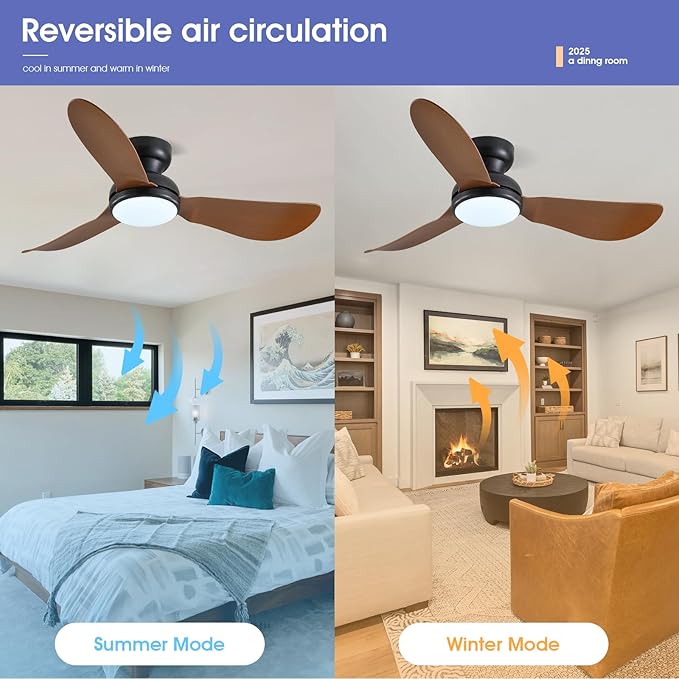 46 Inch Modern Ceiling Fans with Lights, Flush Mount Ceiling Fan with Remote/APP Control, 3 Reversible Curved Blades, 6 Speeds, 3 CCT, Dimmable LED Lights for Living Room Bedroom, Brown