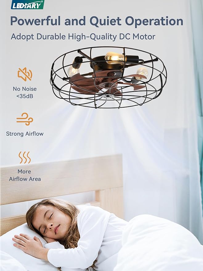 LEDIARY 23 Inch Large Caged Ceiling Fan with Light, Flush Mount Low Profile with Remote Control, Farmhouse Industrial Bladeless Fan Light for Bedroom, Kitchen, Indoor
