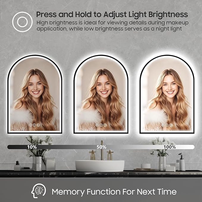 20x30 Inch Arch LED Bathroom Mirror, Black Lighted Bathroom Mirrors Wall Mounted, Vanity Mirror with Anti-Fog, Memory Function, 3 Color Temperature, Dimmable Led Mirror for Bathroom