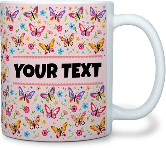 Personalized Mug for Kids - Butterflies - Custom Name/Text, Ceramic Hot Chocolate/Cocoa/Coffee Cup for Girls, Birthday/Christmas/Holiday Gift - 11 oz, White Handle