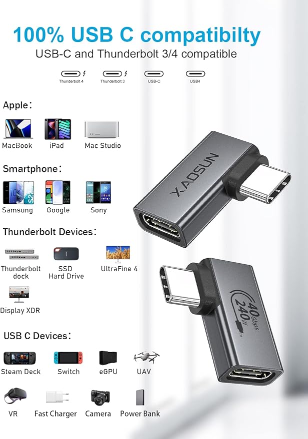 XAOSUN Right Angle USB C Adapter, 90 Degree USB C to C, Thunderbolt 4 for MacBook, Tablet, Docks, Steam Deck (2 Pack)