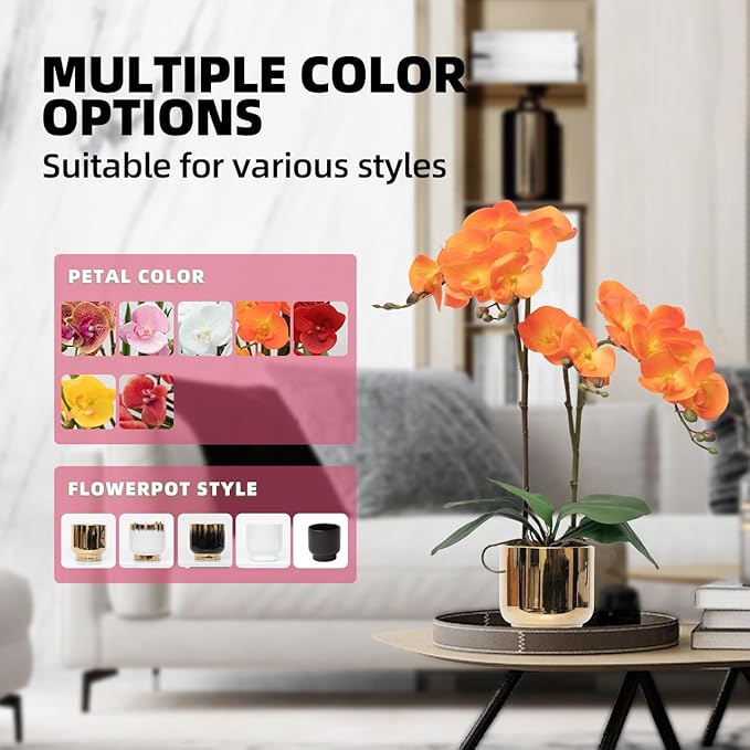 CXGS Orchids Artificial Flowers Real Touch Fake Flowers in Ceramic Pot 20" Orange Faux Orchid Plant Lifelike Silk Phalaenopsis for Centerpiece Hotel Home Indoor Decor