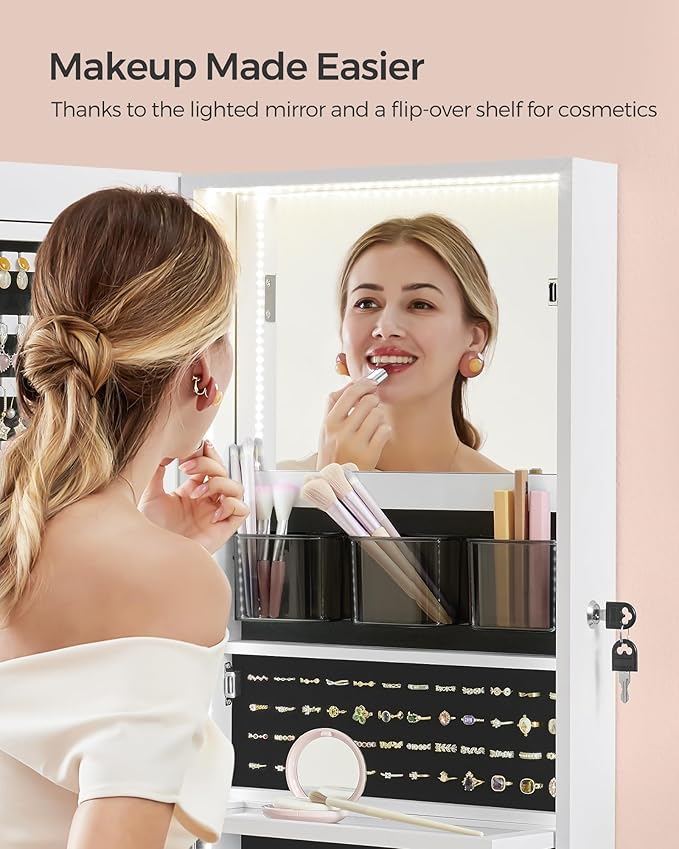 SONGMICS 55 Inches Tall Spacious Jewelry Cabinet, Jewelry Armoire with Light-Up Interior Mirror, Wall or Door Mounted Jewelry Storage Organizer, Lockable, Gift Idea, Cloud White UJJC032W01