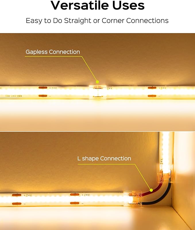 JACKYLED 8mm 2Pin FCOB COB LED Light Strip Connectors Kit, 16pcs Transparent Connectors & 5pcs 15cm Long 22AWG Extension Wires for Gapless Connection, FCOB 2 pin Single Color Strip Corner Connection