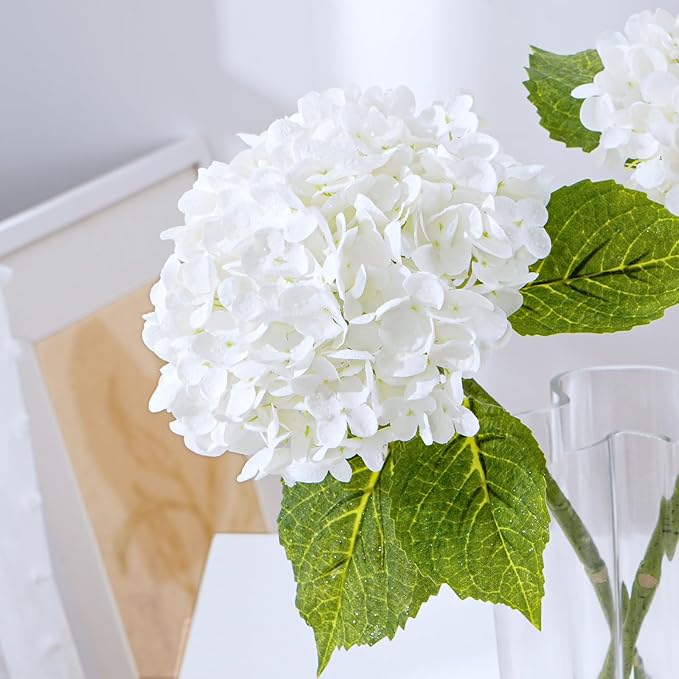 Waipfaru 21" Real Touch White Hydrangea Artificial Flowers with Long Stem & Leaves, Full Latex Faux Hydrangea Flowers for Home Decor Party Floral Arrangements Wedding Bouquets Centerpieces, 5Pcs