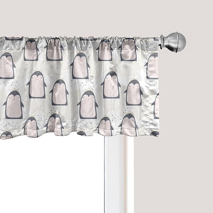 Ambesonne Penguin Window Valance Pack of 2, Pastel Colored Style Cartoon Animals from Antarctica Crowns on a Dotted Background, Rod Pocket Curtain Valances for Kitchen Bedroom, 42" X 18", Grey Pink