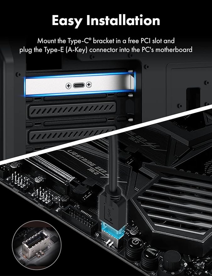 GRAUGEAR 20Gbps USB 3.2 Gen 2x2 USB-C Front Panel Type-C Adapter, Motherboard Header Extension Cable, USB-C to USB3.2 Type-E Key-A 20-Pin Connector with PCIe Bracket, 23.6 in [G-AD-ETC-10G]