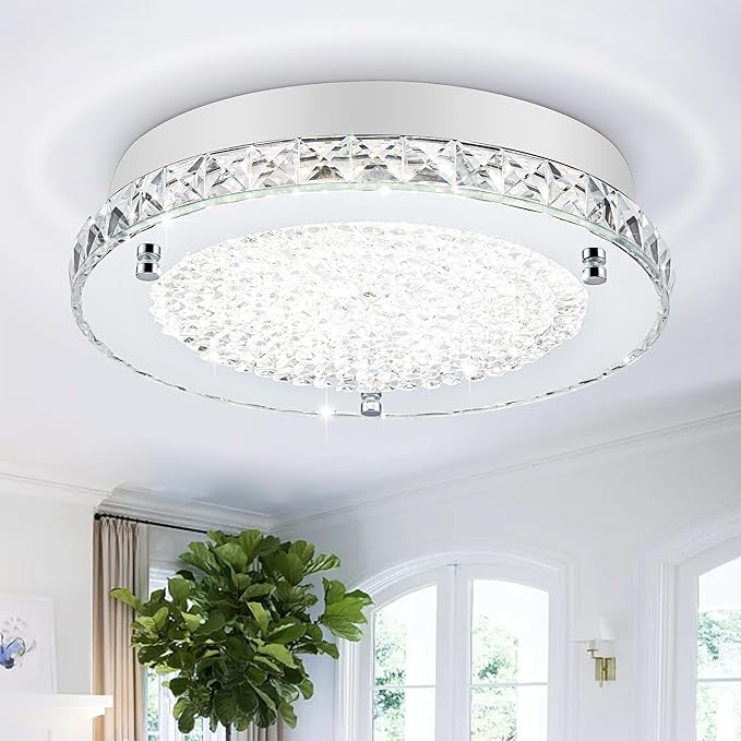 Crystal Flush Mount Ceiling Light Fixture 13.8" Hallway Lighting Fixtures Ceiling Crystal Ceiling Light Fixture Chrome for Kitchen, Bathroom, Bedroom, Closet