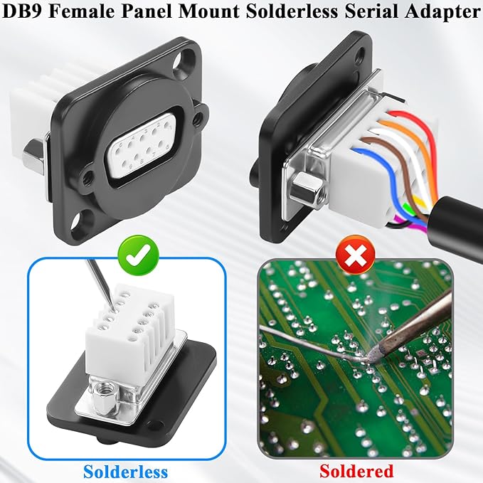 QIANRENON DB9 Solderless Adapter Panel Mount Socket DB9 Female to 9Pin Crimp Terminal Bulkhead Mount Serial Connector D-SUB 9Pin Wiring, with Butt Screw Hole, for Extend RS232/RS485/RS422 Port
