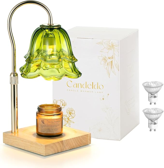 Candle Warmer Lamp with Timer: Green Flower Candle Warming Lamp with 2 Bulbs Height Adjustable Wax Warmer Dimmable Bedroom Decor Christmas Gift for Women