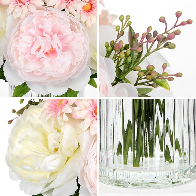 DILATATA Artificial Flowers in Vase Pink Silk Peony & Daisy Faux Floral Arrangements for Table Centerpieces, Home Office Kitchen Bathroom Decor, Spring Fake Flower Arrangement