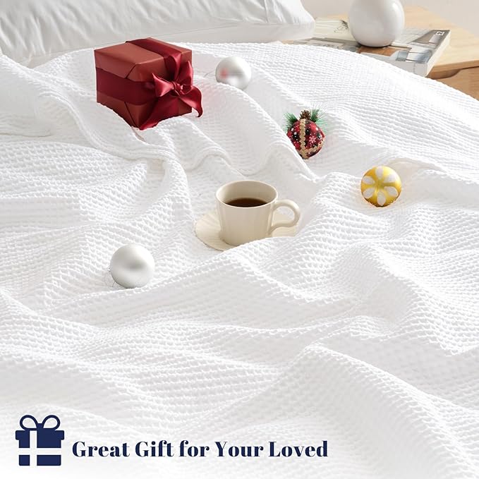 PHF 100% Cotton Waffle Weave Blanket Queen Size for Bed,Snag Proof Lightweight Breathable Moisture-Wicking Throw for Couch, Great for Layering in Cold Weather, Machine Washable, Home Decor Gift-White
