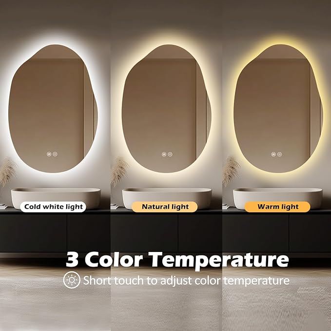LED Light Bathroom Mirror 22x32, Stepless Dimmable Irregular Backlit Mirror with 3 Colors, Anti-Fog, Memory, Al-Alloy Lampshade, Frameless Makeup Mirror for Bathroom (Horizontal/Vertical)