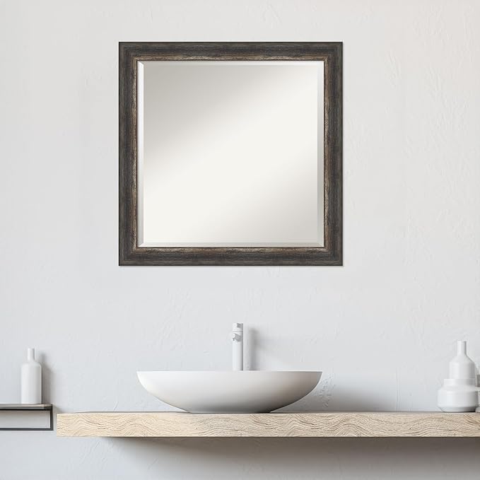 Amanti Art Brown Bathroom Mirror for Over Sink, 23x23 Bark Rustic Char Narrow Square Vanity Mirror, Medium Country Rustic Frame, Hangs Horizonally and Vertically, Bathroom Wall Decor, Beveled Edge