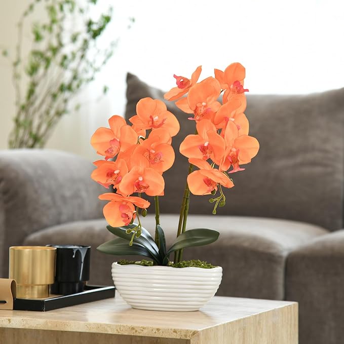 Large Artificial Potted Orchid Plant, Silk Flower Arrangement with Ceramics Vase, Orange