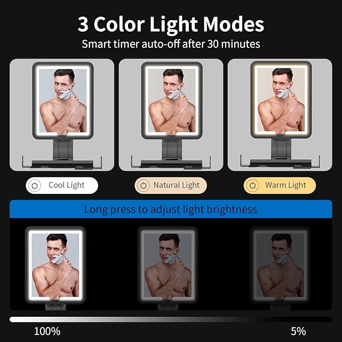 Lighted Shower Mirror Fogless for Shaving, Heated Fog Free Large 9.5*7inch 3 Color Modes Dimming Shower Shaving Mirror with Light, Rechargeable Anti-Fog Shower Mirror with Storage Tray & Razor Holders
