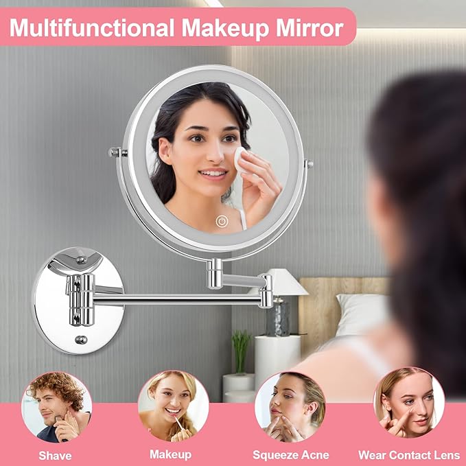 Wall Mounted Makeup Vanity Mirror with Lights, 8” Double Sided 1X/10X Wall Mount Magnifying Bathroom Shaving Mirror with 3 Color Lights, Rechargeable Touch Dimmable Extendable Cosmetic