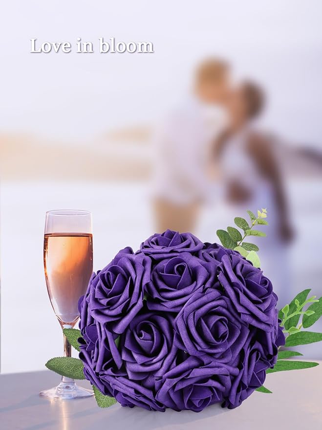 MACTING Dusty Purple Artificial Flower Roses 60PCS Real Touch Fake Flowers with Stem Foam Rose for DIY Wedding Bouquet Table Centerpieces Craft Party Holiday Home Mothers Day Decorations