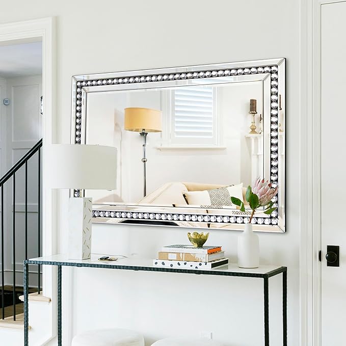 Rectangular Large Decorative Mirror for Decor, 28" X 40" Living Room Wall Mirror with Crystal Glass Frame, Beveled Unique Glamourous Elegant Design, Bathroom, Entrance, Bedroom Decor
