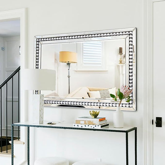 Rectangular Large Decorative Mirror for Decor, 28" X 40" Living Room Wall Mirror with Crystal Glass Frame, Beveled Unique Glamourous Elegant Design, Bathroom, Entrance, Bedroom Decor