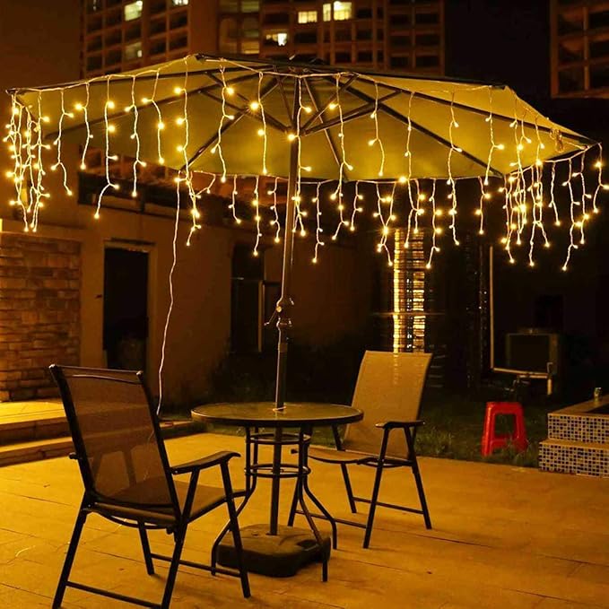Toodour Christmas Icicle Lights Outdoor, 1224 LED 100ft 8 Modes Fairy Icicle String Light with 204 Drops, Led Christmas Lights Twinkle for Holiday, Party, Wedding, Eaves, Xmas Decorations (Warm White)