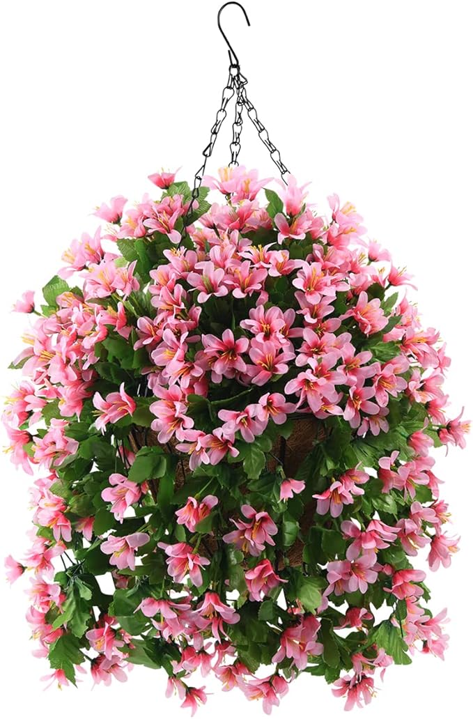 INQCMY Artificial Hanging Flowers in Basket for Spring Summer Patio Garden Decoration,UV Resistant Fake Silk Violet in Planter Realistic for Outside Home Porch Balcony Yard Decor(Pink)